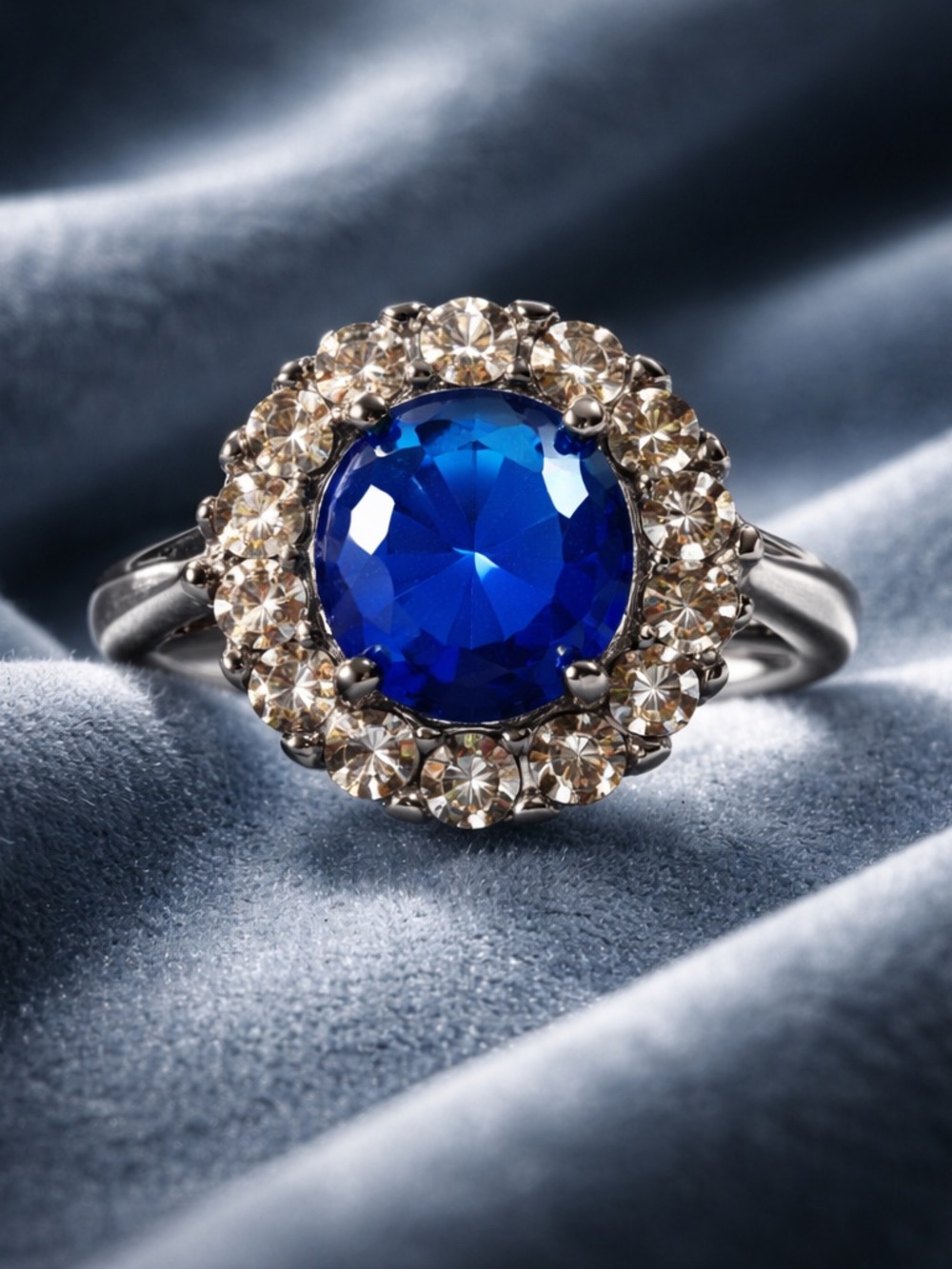 New Faux Sapphire & CZ Cocktail Halo Style Ring Size 6